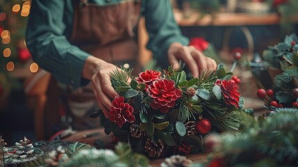 A florist crafting a seasonal wreath, close up, holiday theme, realistic, overlay, cozy workshop backdrop