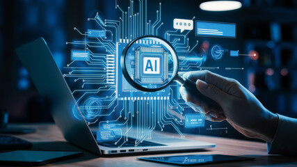 Poster - A magnifying glass held by a hand, focusing on an AI (Artificial Intelligence) chip embedded within a circuit