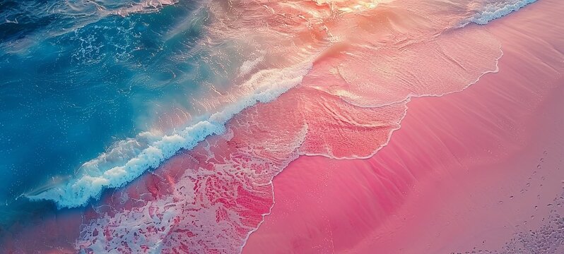 Aerial view of a tropical beach. Top view of pink beach at sunset. Beautiful sunset beach with pink sand. Bird's eye view of.
