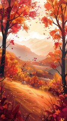 Sticker - An illustration of a cozy autumn landscape featuring warm tones and soft lighting. The scene is bathed in golden hues, creating a tranquil ambiance that invites relaxation. The gentle gradient of