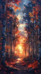 Sticker - An illustration of a cozy forest scene bathed in warm sunset tones. The soft lighting filters through the trees, creating a tranquil and inviting atmosphere. The serene environment and pastel shades