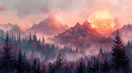 Sticker - A digital artwork depicting a cozy mountain landscape during golden hour. The warm tones of the setting sun cast a serene glow over the tranquil environment, creating an inviting and peaceful scene.