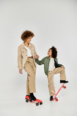 A curly African American mother and daughter, both in stylish clothes, standing confidently on a skateboard against a grey background.