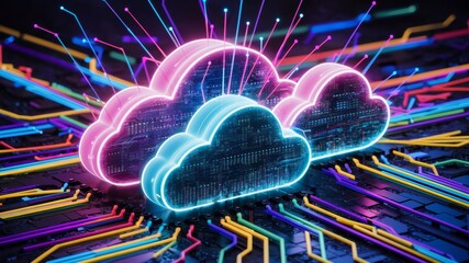Wall Mural - A vibrant digital landscape with three neon-colored cloud-like structures emitting light and data streams