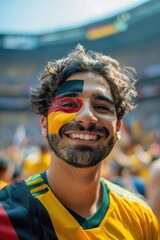Wall Mural - German soccer fan man with national flag of german painted on his face. Celebrating crowd in a stadium. Cheering during a match in stadium
