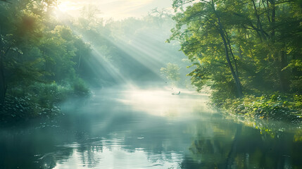 A peaceful river winding through a dense forest, with mist rising from the water in the early morning light, creating a mystical and calm atmosphere