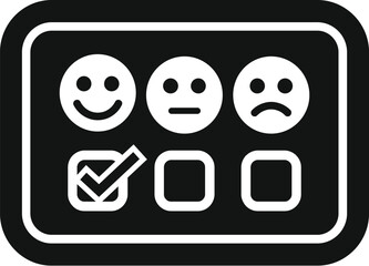 Poster - Icons for customer satisfaction survey with feedback smiley faces, sad, neutral, and checkmark icons in black and white vector