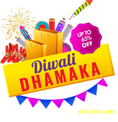 Wall Mural - diwali dhamaka poster or template design with 65% discount offer and firecracker element on orange a