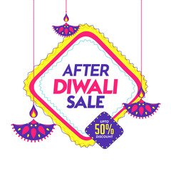 Sticker - After Diwali sale poster or template design with 50% discount offer and illuminated oil lamps hang on white background.