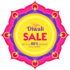 Poster - Sale poster or banner design with 60% discount offer floral frame decorated with illuminated oil lamps on purple background for Diwali festival celebration.