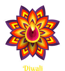 Sticker - Paper cut floral illuminated oil lamp on purple background for Diwali festival celebration.