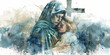 © AI_images_for_people - Digital illustration of the Sixth Sorrow: Mother Mary cradling Christ with a watercolor cross behind them.