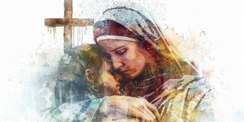 Wall Mural - Digital illustration of the Sixth Sorrow: Mother Mary cradling Christ with a watercolor cross behind them.