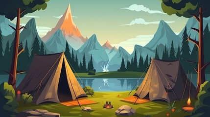 vector camping tent in the forest.summer camp with bonfire, tent, backpack . cartoon landscape with 