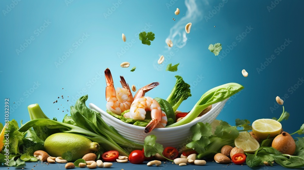 Wok Prep Flying wok ingredients - shrimp, vegetables, pak choi leaves, onions ...