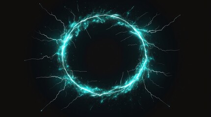 Wall Mural - abstract circle of teal glowing light particles with lightning sparks on plain black background