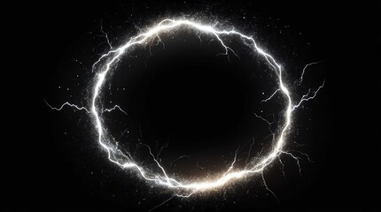 Wall Mural - abstract circle of white glowing light particles with lightning sparks on plain black background