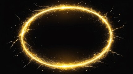 Wall Mural - abstract circle of yellow glowing light particles with lightning sparks on plain black background