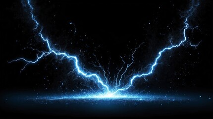 Wall Mural - abstract impact of blue glowing light particles with lightning sparks on plain black background