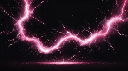 Wall Mural - abstract impact of pink glowing light particles with lightning sparks on plain black background