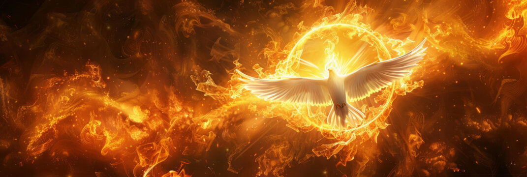 Representation of the Holy Spirit from the New Testament as a winged dove surrounded by flames, leaving room for text.