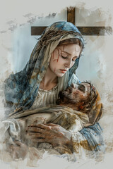 Wall Mural - The Sixth Sorrow depicted as Mother Mary holding the body of Christ, with a watercolor cross in the background. Digital art.