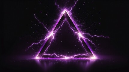 abstract triangle of purple glowing light particles with lightning sparks on plain black background