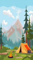 Wall Mural - Vector camping tent in the forest.Summer camp with bonfire, tent, backpack . cartoon landscape with mountain, forest and campsite.