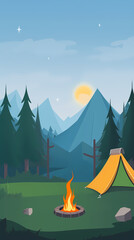 Wall Mural - Vector camping tent in the forest.Summer camp with bonfire, tent, backpack . cartoon landscape with mountain, forest and campsite.