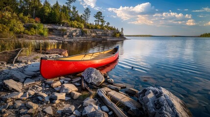 A red canoe rests on a rocky shore by a calm blue lake Warsaw, Poland