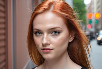 portrait of caucasian red haired woman, watching to the camera at urban scenario