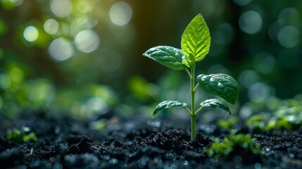 Young plant growing in the soil on green background, nature concept of new life