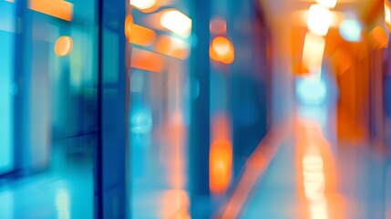 abstract blur modern interior inside entrance building of office in blue background with orange ligh