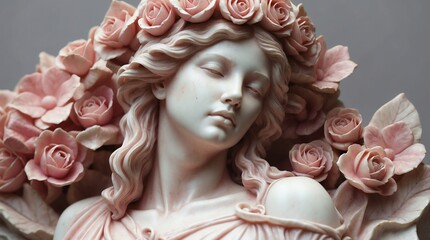 Wall Mural - pink flowers crown wreath of beautiful woman marble sculpture statue art