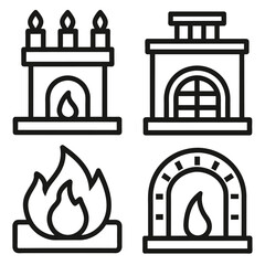 Set of fireplace line icon, outline black vector on white background