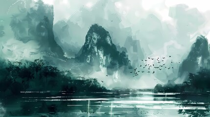Green and white Chinese style ink landscape poster background