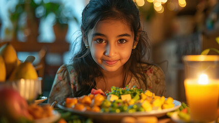 Canvas Print - beautiful indian girl eating breakfast at home