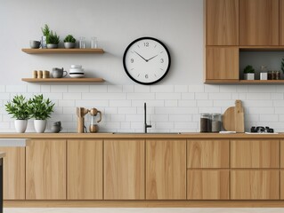 Mockup of a blank white wall clock in a minimalist kitchen setting