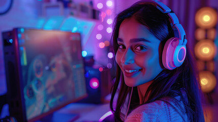 Young Indian female gamer sitting in gaming room wearing headset