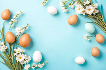 Sticker - Easter Eggs and Flowers on Blue Background