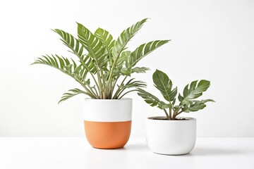 Two potted plants on a white surface