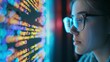 © AI Lab - Software data hologram and woman with code analytics information technology and gdpr overlay Programmer coding or IT person in glasses reading html script programming and cyber securit : Generative AI