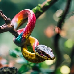 Wall Mural - vibrant snake on a mossy branch with twigs, ai-generated.