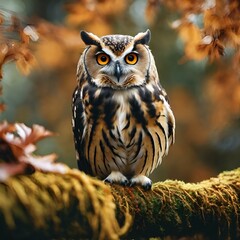 Wall Mural - owl standing on a mossy tree branch, ai-generated.