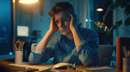 Man, headache and burnout from computer at night from overwork, anxiety, or depression at work. Male employee with severe head discomfort, soreness, or mental illness at work