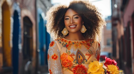 portrait of a torso of african american woman in a embroidered dress; curly haired model  in her 20s or 30s outside posing and looking directly