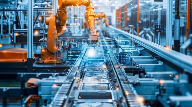 AI algorithms optimize factory assembly line speed & operation in real-time using data analysis, Created with Generative AI.