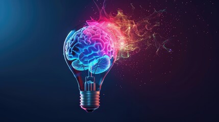 a light bulb with a brain inside. the brain is glowing, and there are some sparks around it.