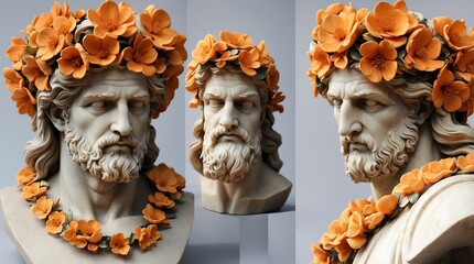 Wall Mural - orange flowers crown wreath of greek god marble sculpture statue art