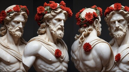 Wall Mural - red flowers crown wreath of greek god marble sculpture statue art